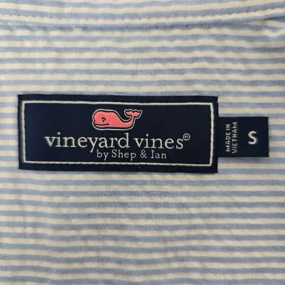 Vineyard Vines Seersucker Shirt Men S Short Sleeves Stretch Blue Striped Whale - Picture 10 of 13